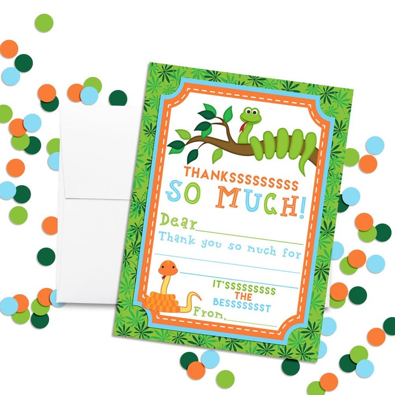 Amanda Creation Fun Colorful Snake Theme Design with Greenery 10 Thank You Notes 4"x5.5" Fill-in Cards with Envelopes, Kids Party Stationery Set, Perfect for Favors & Seals, Made in USA by Amanda Creation - Image 3